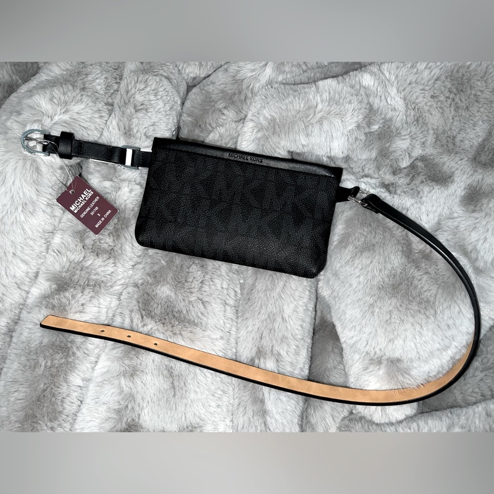 MICHAEL KORS MK Signature Black Genuine Leather Belt Waist Bag Fanny Pack Size S